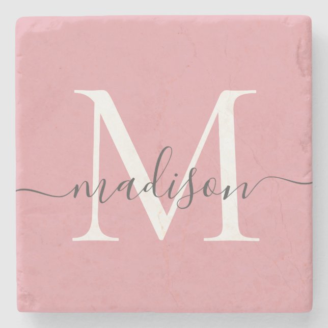 Elegant Blush Pink Gray Monogram Feminine Script Stone Coaster (Front)