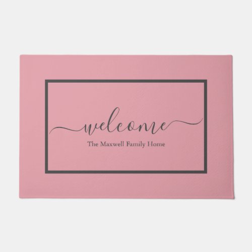 Elegant blush pink gray script family name welcome doormat