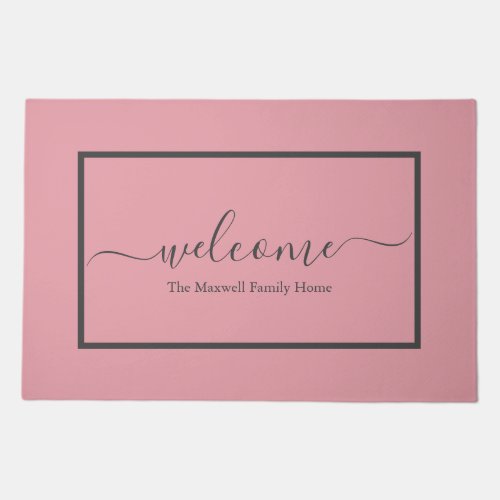 Elegant blush pink gray script family name welcome doormat