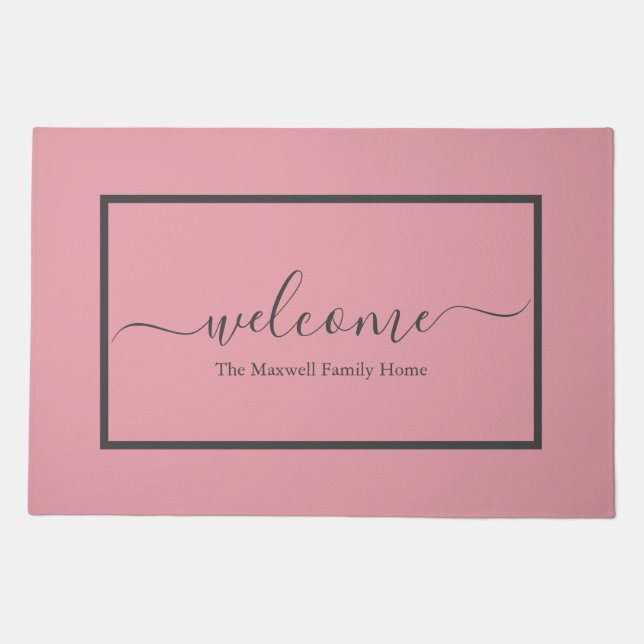 Elegant blush pink gray script family name welcome doormat (Front)