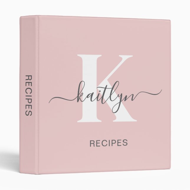 Elegant Blush Pink Gray Script Monogram 3 Ring Binder (Front/Spine)