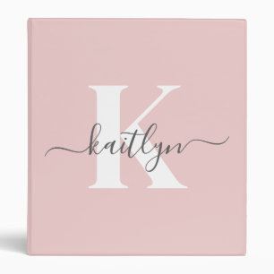 Elegant Blush Pink Gray Script Monogram 3 Ring Binder