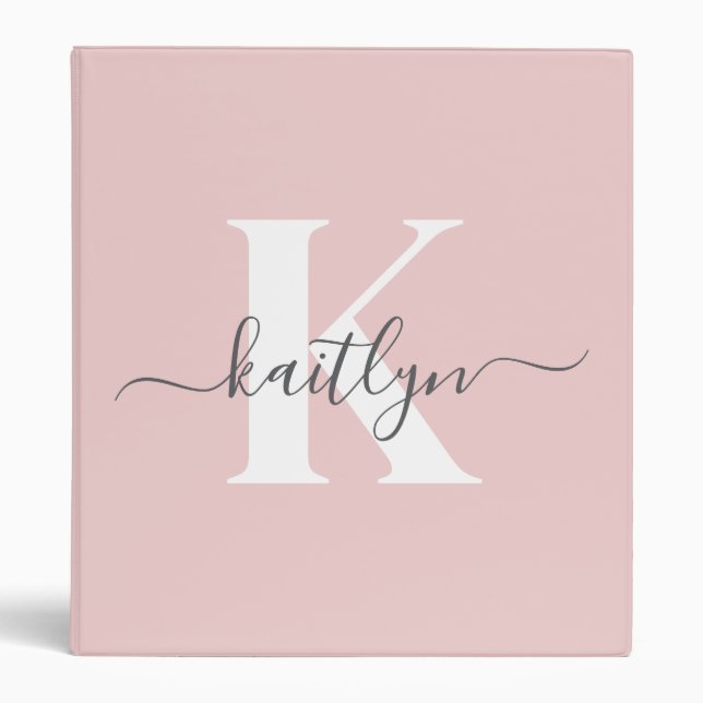 Elegant Blush Pink Gray Script Monogram 3 Ring Binder (Front)