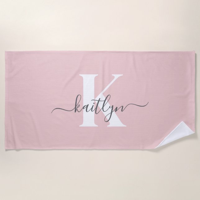 Elegant Blush Pink Gray Script Monogram Beach Towel (Front)