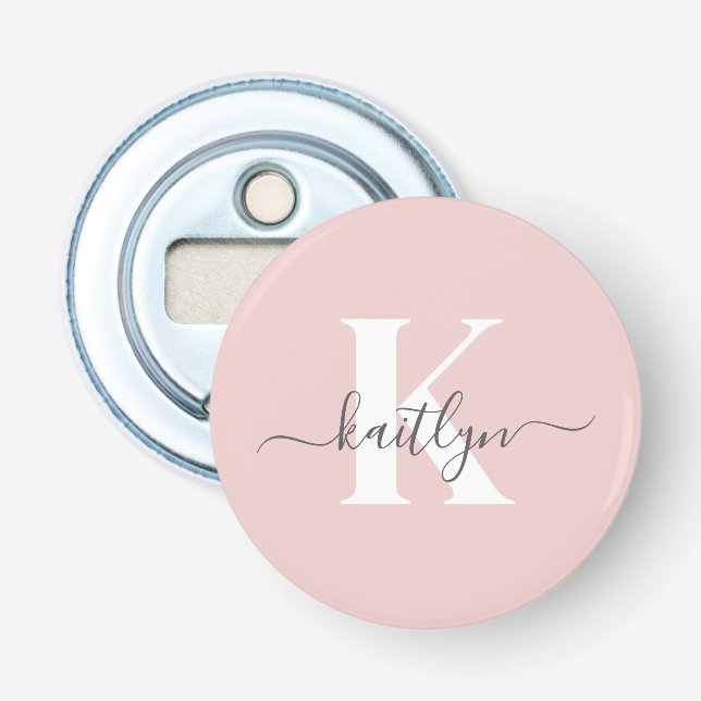 Elegant Blush Pink Gray Script Monogram Bottle Opener (Front)