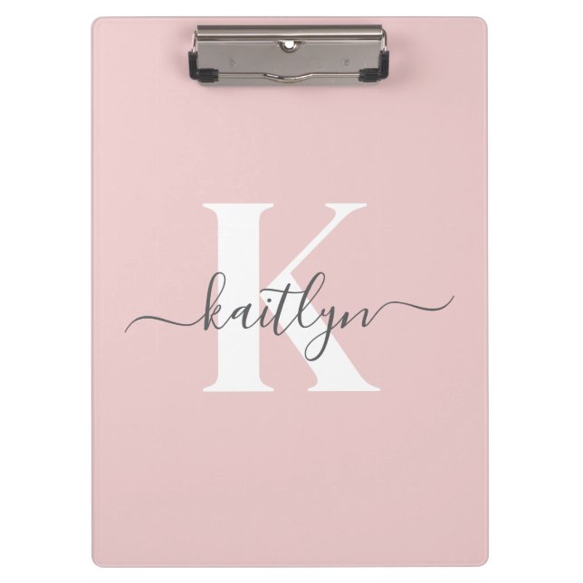 Elegant Blush Pink Gray Script Monogram Clipboard (Front)