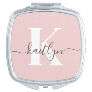 Elegant Blush Pink Gray Script Monogram Compact Mirror