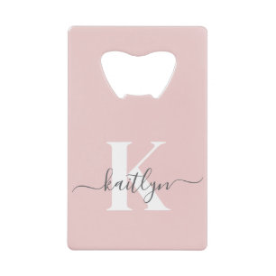 Elegant Blush Pink Gray Script Monogram Credit Card Bottle Opener