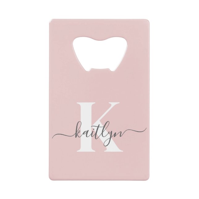 Elegant Blush Pink Gray Script Monogram Credit Card Bottle Opener (Front)