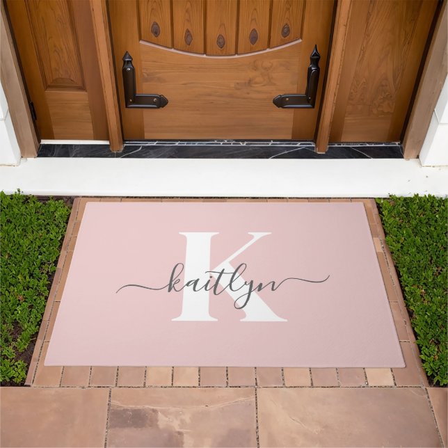 Elegant Blush Pink Gray Script Monogram Doormat (Outdoor)