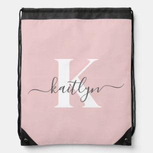 Elegant Blush Pink Gray Script Monogram Drawstring Bag