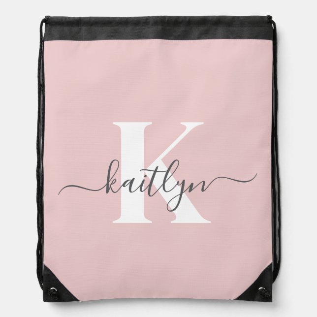 Elegant Blush Pink Gray Script Monogram Drawstring Bag (Front)