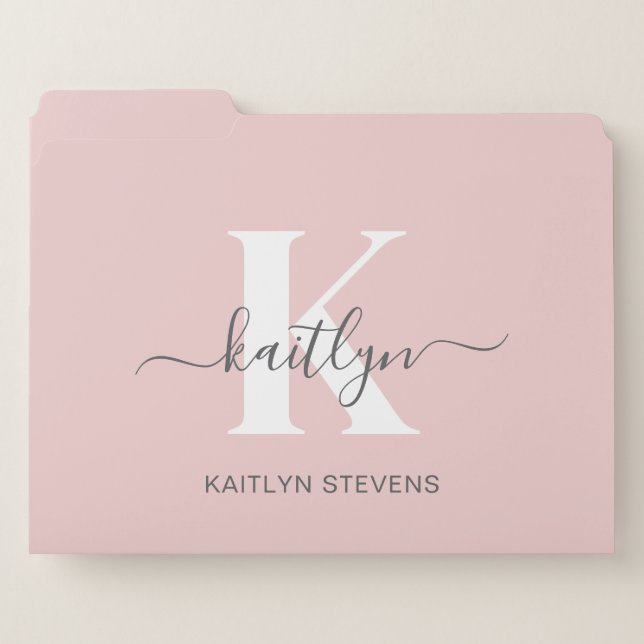 Elegant Blush Pink Gray Script Monogram File Folder (Front Left)