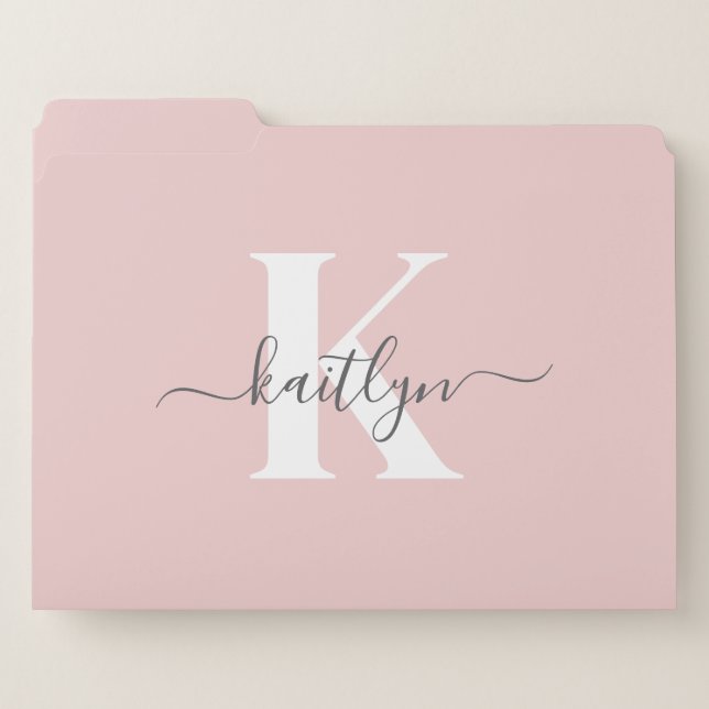 Elegant Blush Pink Gray Script Monogram File Folder (Front Left)