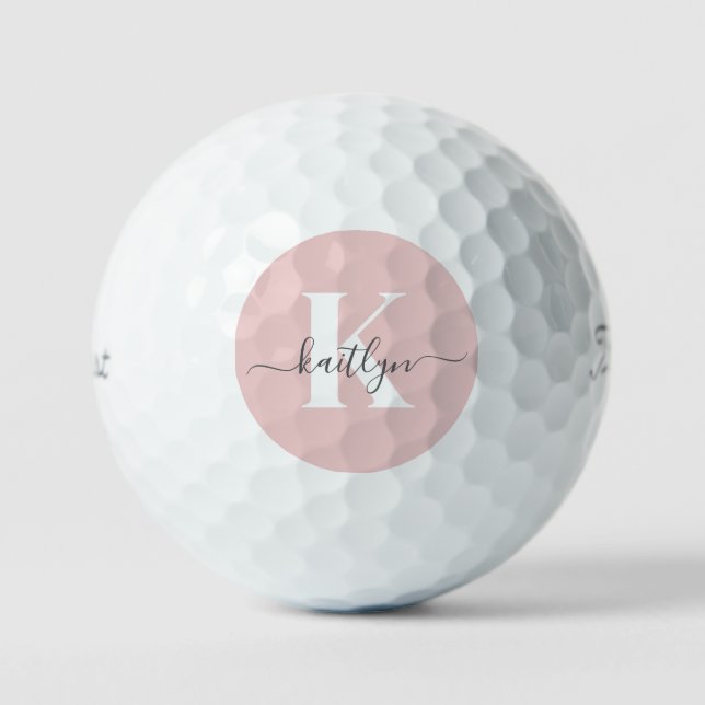 Elegant Blush Pink Gray Script Monogram Golf Balls (Front)