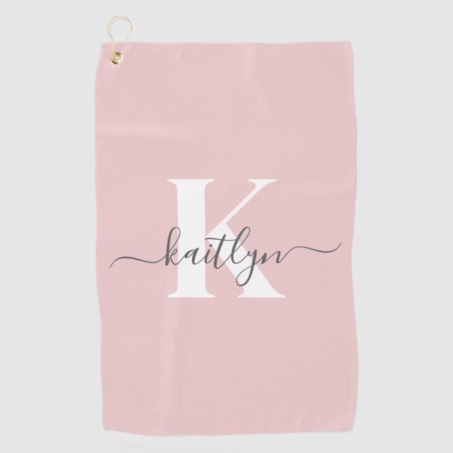 Elegant Blush Pink Gray Script Monogram Golf Towel (Front)