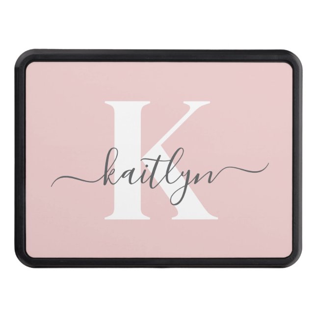 Elegant Blush Pink Gray Script Monogram Hitch Cover (Front)