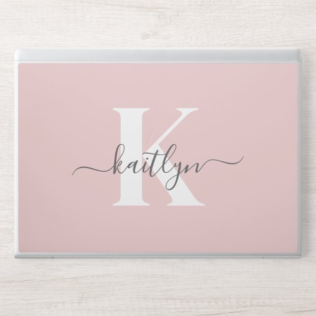 Elegant Blush Pink Gray Script Monogram HP Laptop Skin (Front)