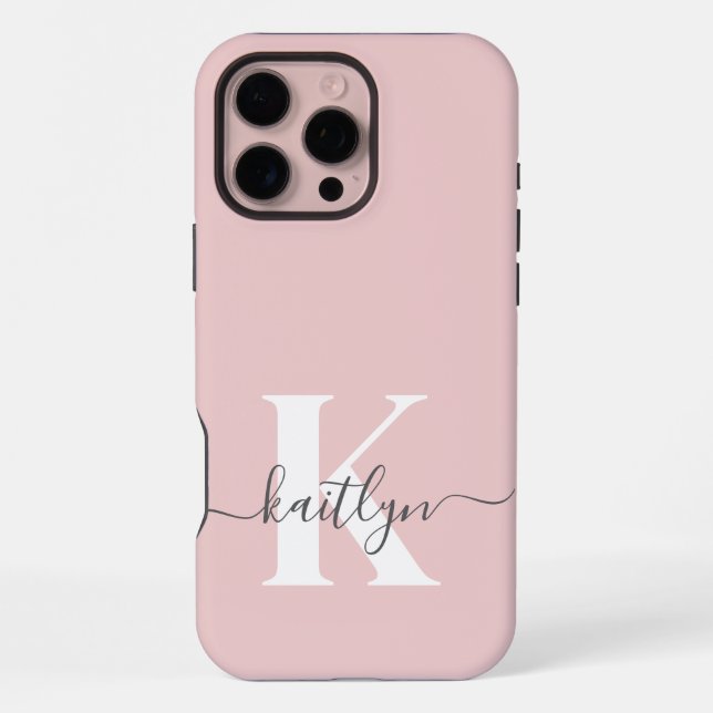 Elegant Blush Pink Gray Script Monogram iPhone Case (Back)
