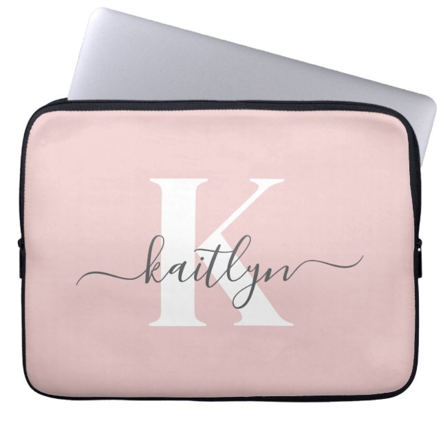 Elegant Blush Pink Gray Script Monogram Laptop Sleeve (Front)