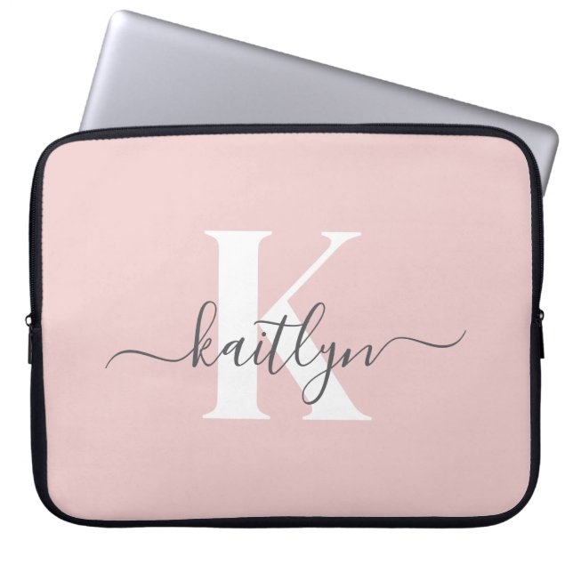 Elegant Blush Pink Gray Script Monogram Laptop Sleeve (Front)
