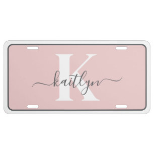 Elegant Blush Pink Gray Script Monogram License Plate