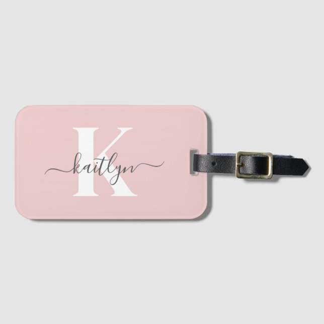 Elegant Blush Pink Gray Script Monogram Luggage Tag (Front Horizontal)