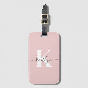 Elegant Blush Pink Gray Script Monogram Luggage Tag