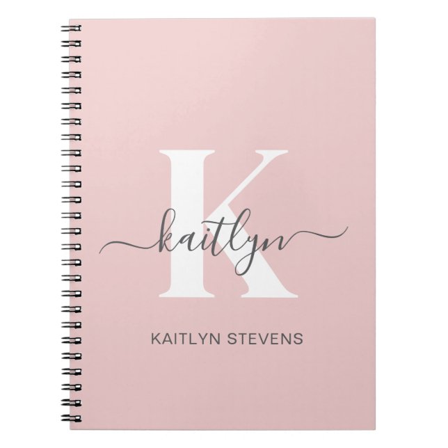 Elegant Blush Pink Gray Script Monogram Notebook (Front)