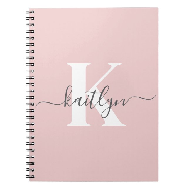 Elegant Blush Pink Gray Script Monogram Notebook (Front)