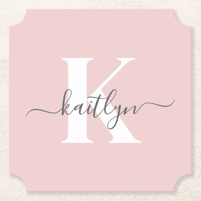 Elegant Blush Pink Gray Script Monogram Paper Coaster (Front)