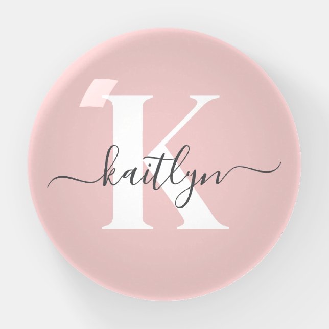 Elegant Blush Pink Gray Script Monogram Paperweight (Front)
