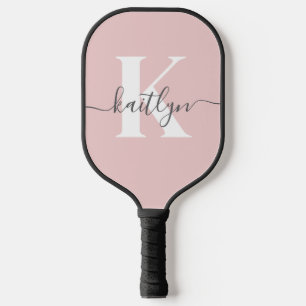 Elegant Blush Pink Gray Script Monogram Pickleball Paddle