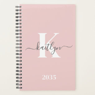 Elegant Blush Pink Gray Script Monogram Planner