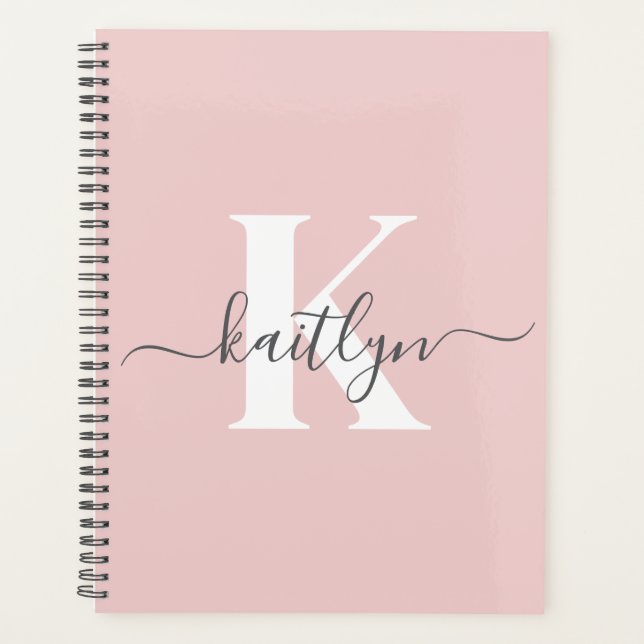 Elegant Blush Pink Gray Script Monogram Planner (Front)