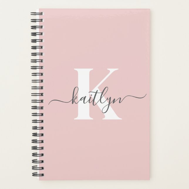 Elegant Blush Pink Gray Script Monogram Planner (Front)