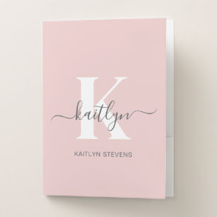 Elegant Blush Pink Gray Script Monogram Pocket Folder