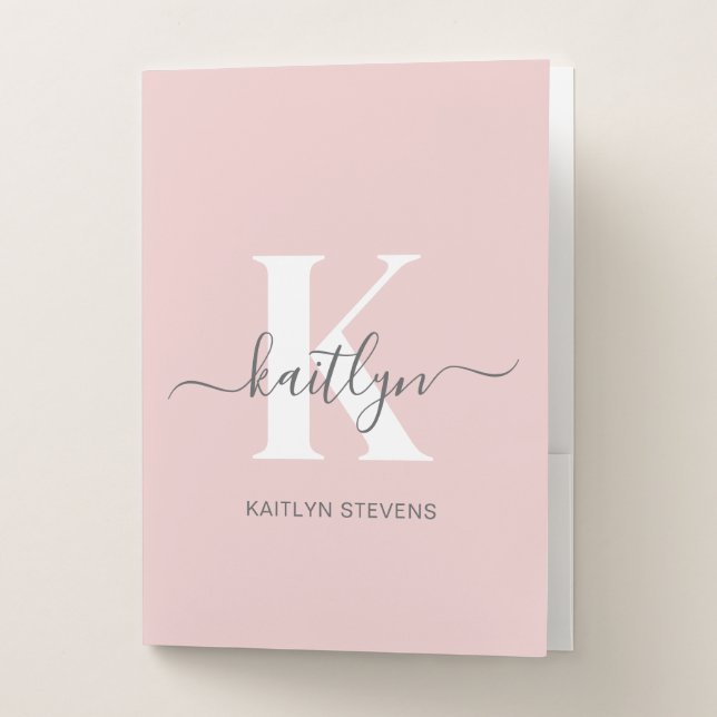 Elegant Blush Pink Gray Script Monogram Pocket Folder (Front)