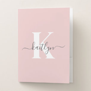 Elegant Blush Pink Gray Script Monogram Pocket Folder
