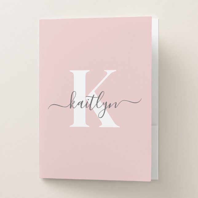 Elegant Blush Pink Gray Script Monogram Pocket Folder (Front)