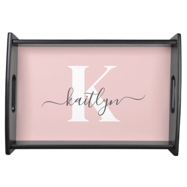 Elegant Blush Pink Gray Script Monogram Serving Tray (Front)