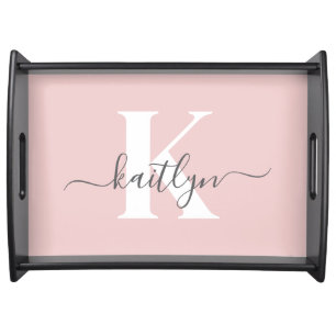 Elegant Blush Pink Gray Script Monogram Serving Tray