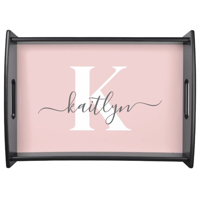 Elegant Blush Pink Gray Script Monogram Serving Tray (Front)