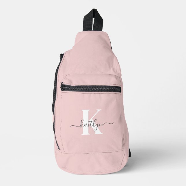 Elegant Blush Pink Gray Script Monogram Sling Bag (Front)