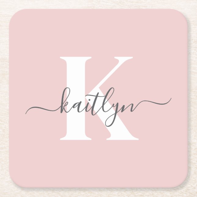 Elegant Blush Pink Gray Script Monogram Square Paper Coaster (Front)