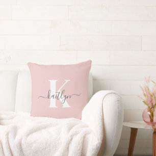 Elegant Blush Pink Gray Script Monogram Throw Pillow