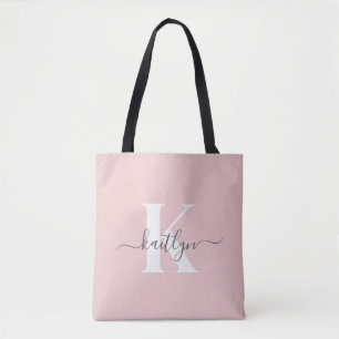 Elegant Blush Pink Gray Script Monogram Tote Bag
