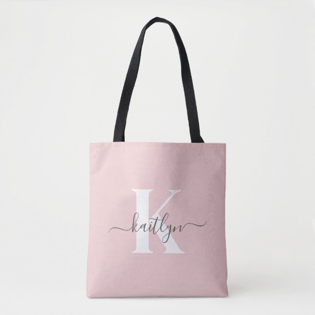 Elegant Blush Pink Gray Script Monogram Tote Bag (Front)