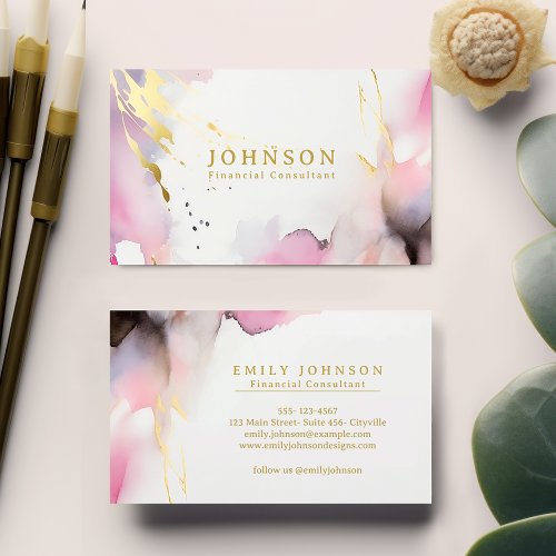 Elegant Blush Pink  Gray Watercolor Stylish Gold  Business Card