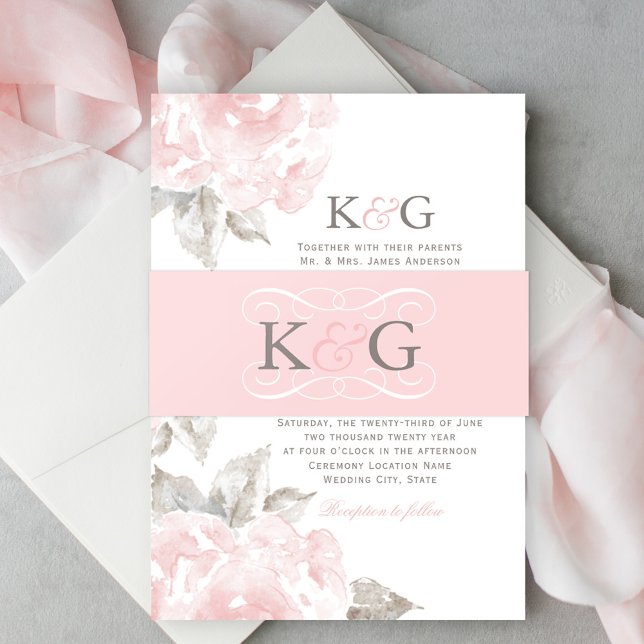 Elegant Blush Pink Gray Wedding Monogram Initials Invitation Belly Band (Creator Uploaded)
